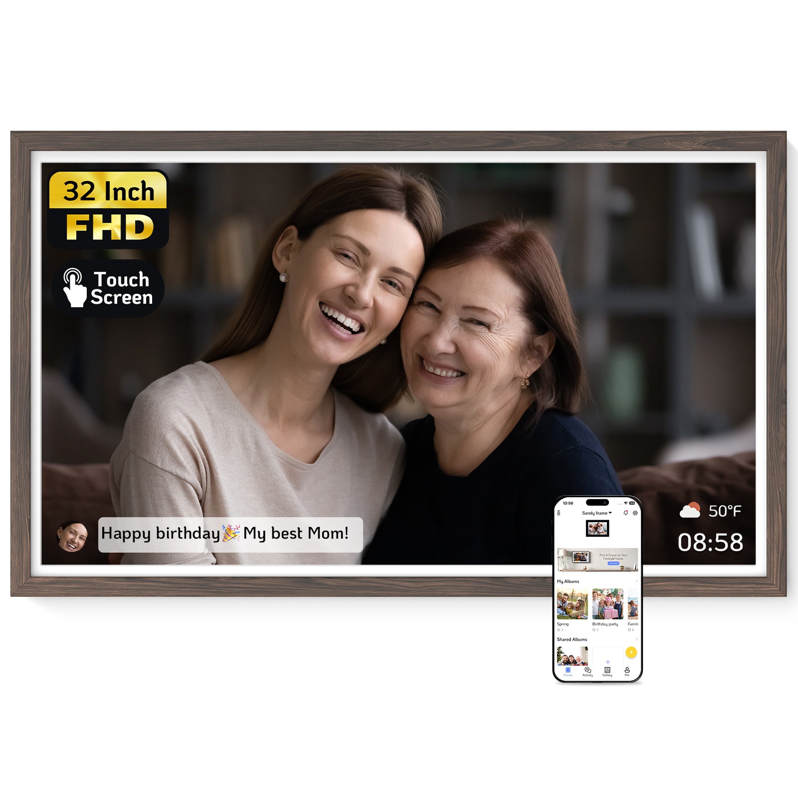 NexFoto 32-inch dark wood grain touch screen digital photo frame that can display weather and time. The child and mother snuggle together to celebrate the mother's birthday