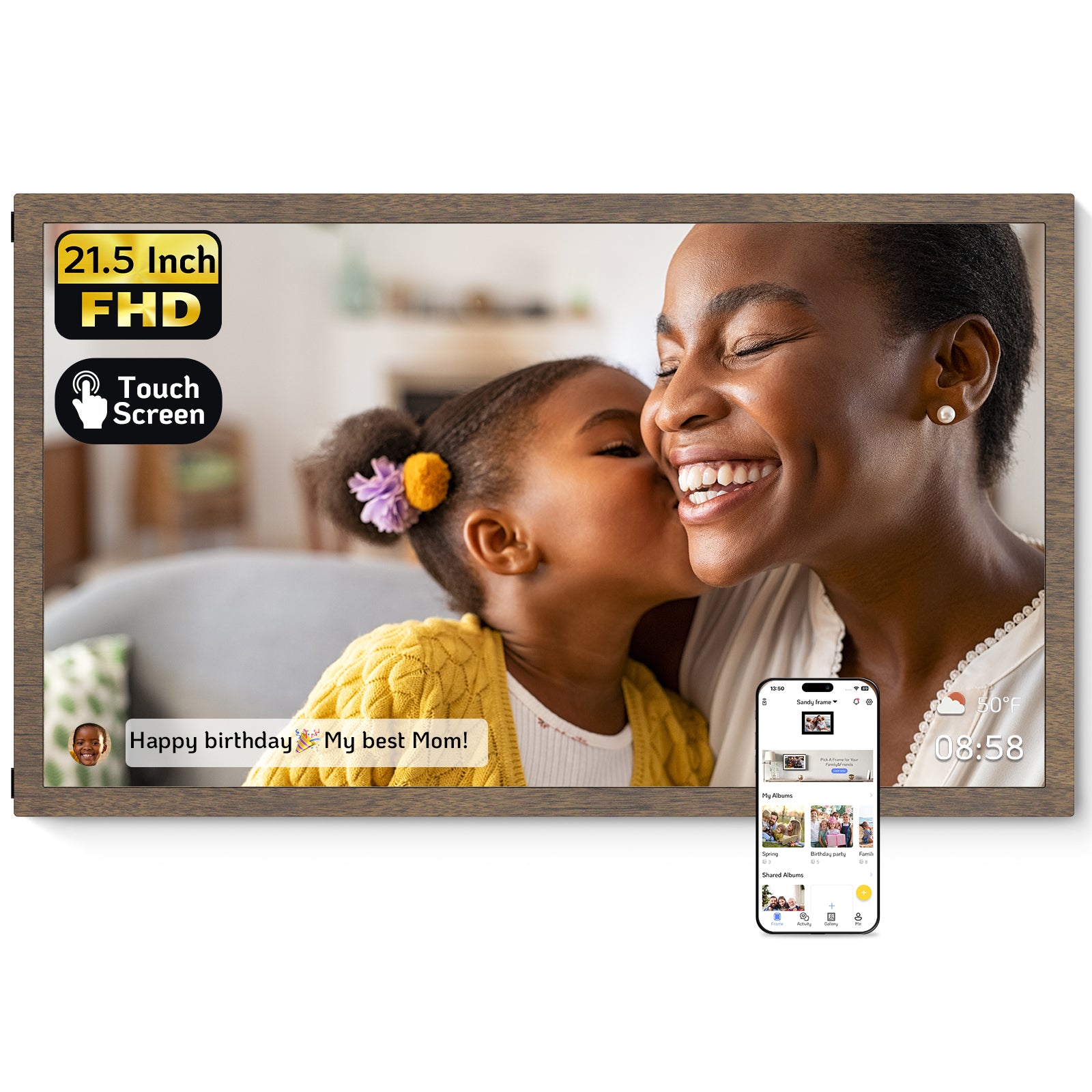 NexFoto 21.5-inch dark wood grain touch screen digital photo frame that can display weather and time. The baby kissed his mother affectionately to celebrate her birthday. The mother was very happy.