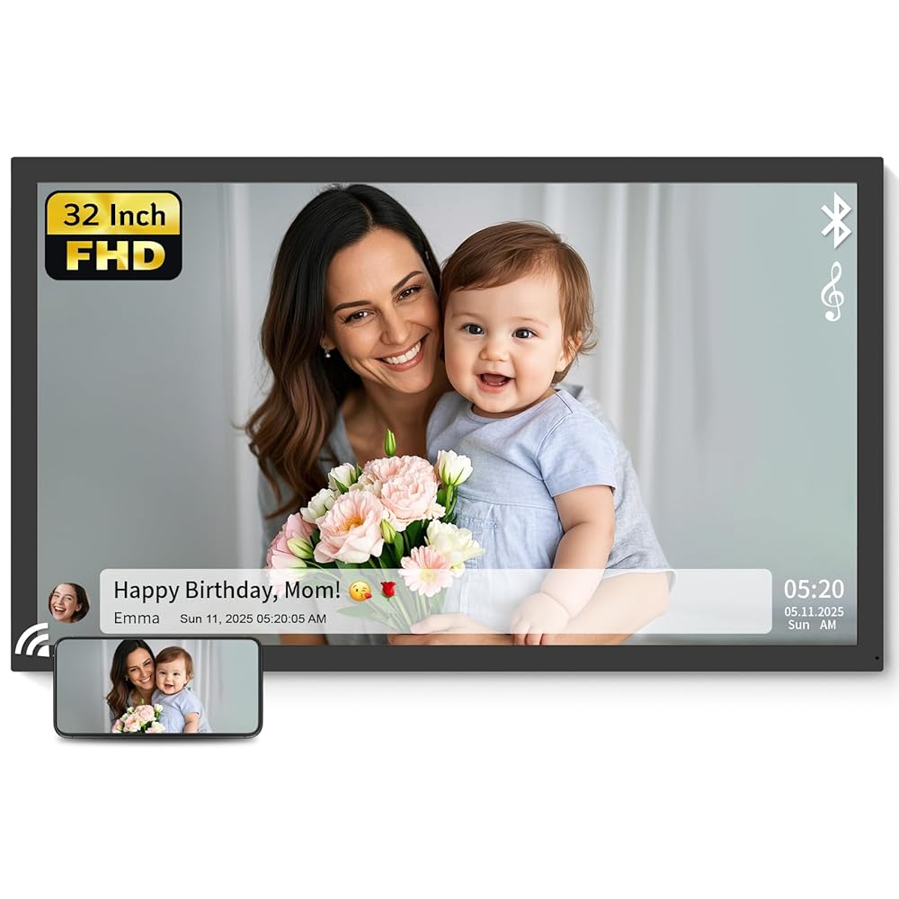 NexFoto 32-inch black non-touch digital photo frame, which can display weather and time. The baby snuggles in his mother's arms and celebrates his mother's birthday. The mother is brighter than the flowers in her hand.
