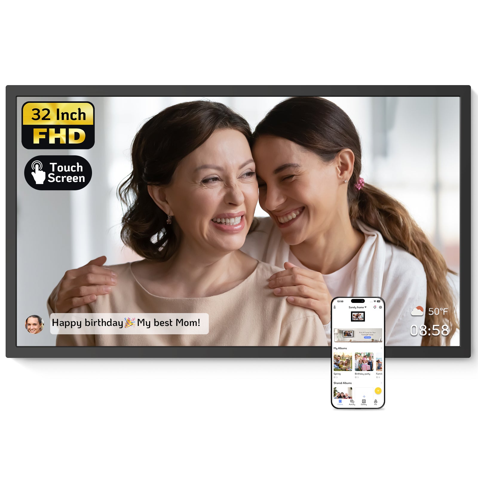 NexFoto 32-inch black touch screen digital photo frame that can display weather and time. Daughter and mother snuggle together to celebrate her mother's birthday. The mother is very happy.