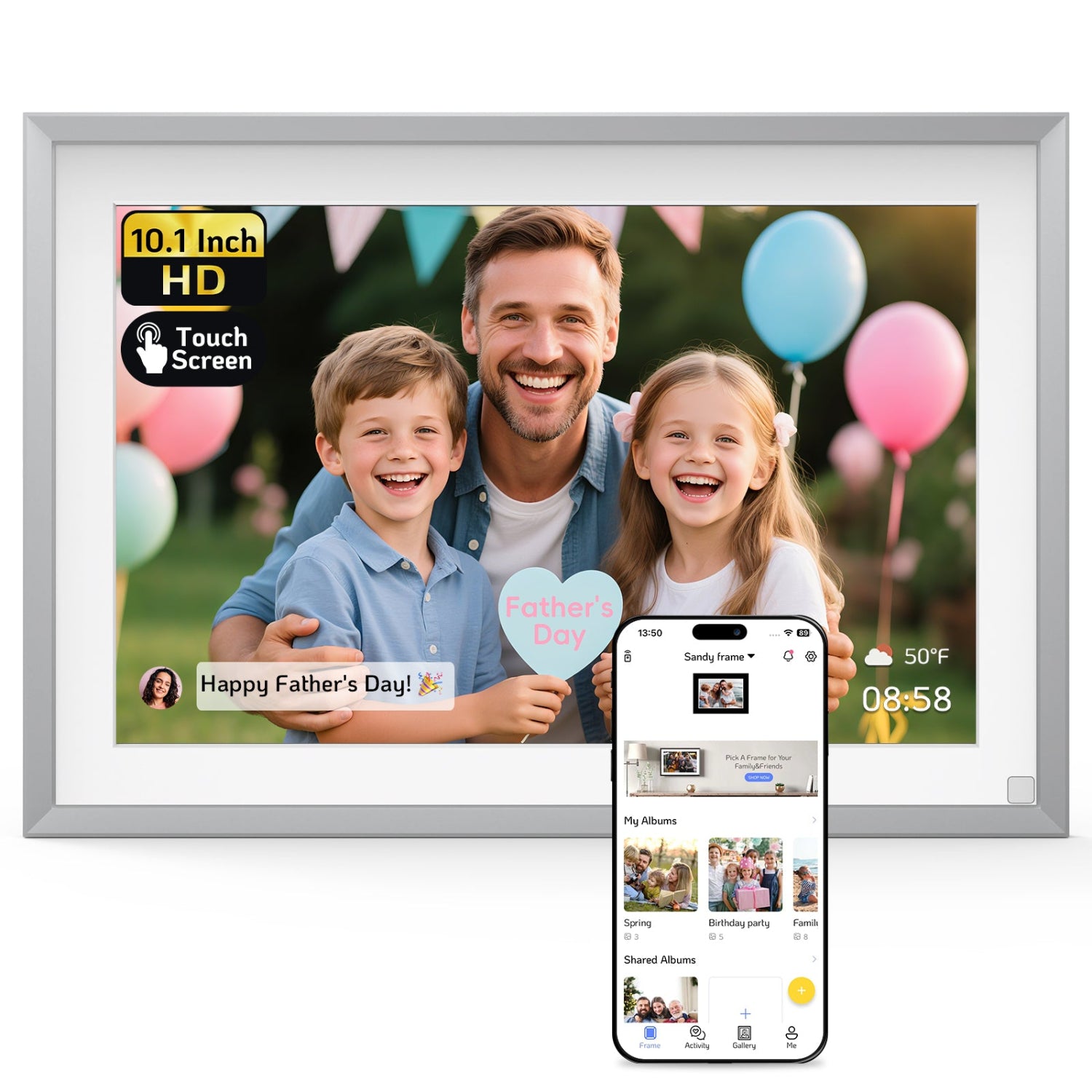 NexFoto 10.1-inch sliver touch screen digital photo frame that can display weather and time, father and children celebrate Father's Day together