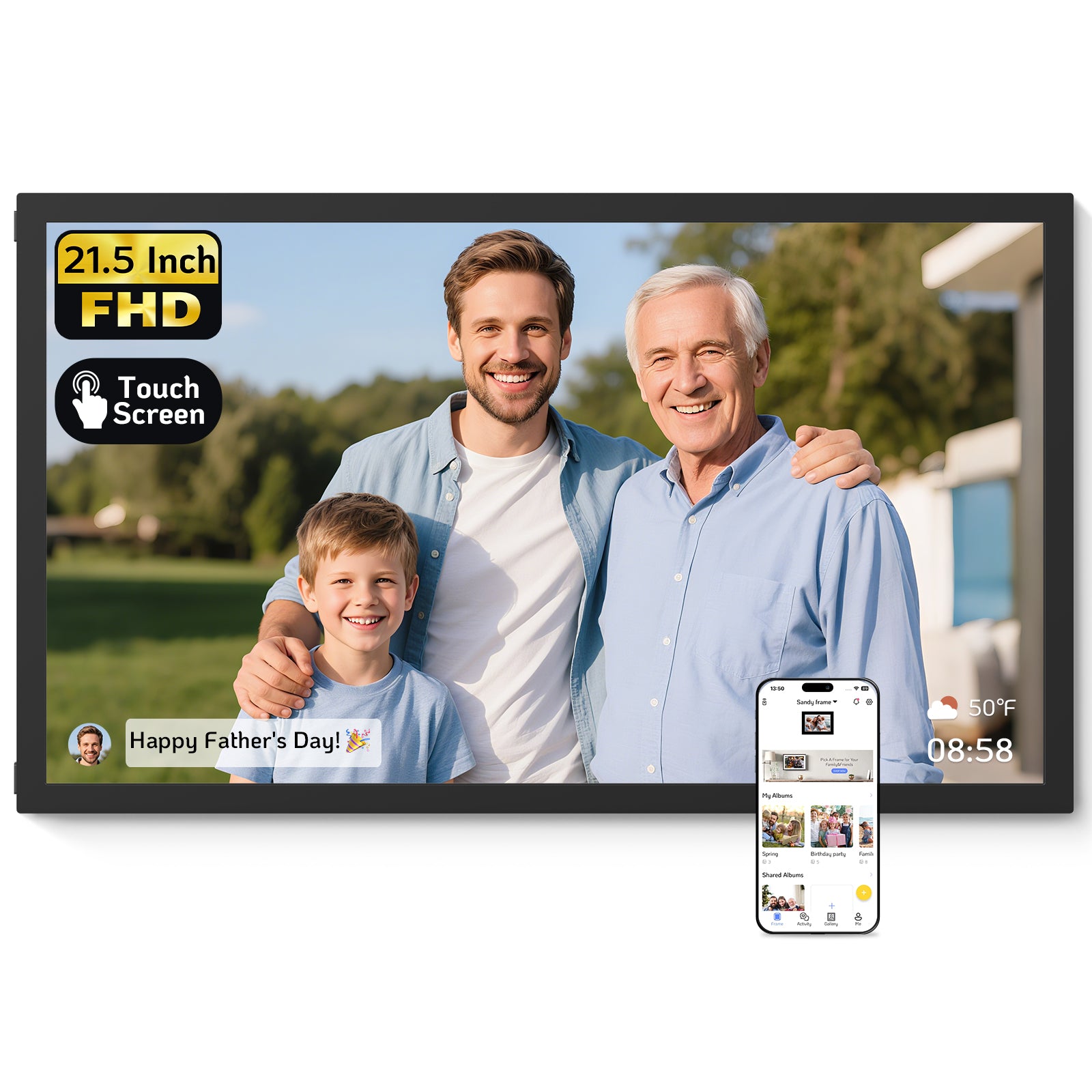 NexFoto 21.5-inch black touch screen digital photo frame can display weather and time. Three generations of grandparents and grandchildren celebrate Father's Day together.